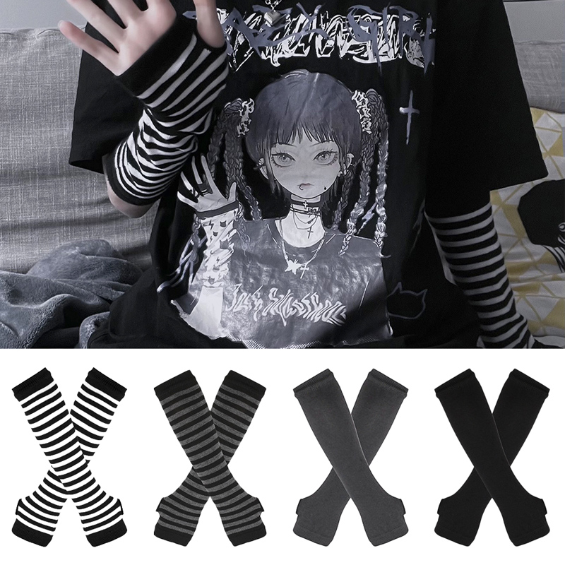 Fingerless Glove Knit - Mulheres manga longa gótico listrado sem